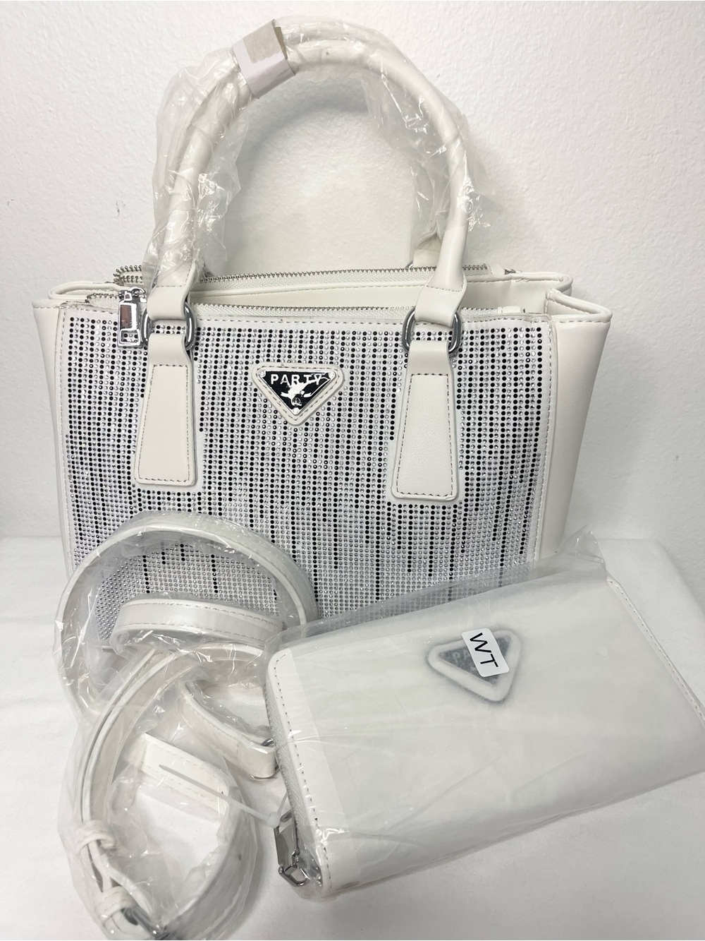 Party Bag White/Black Rhinestone-Embellished Satchel/Crossbody with Wallet